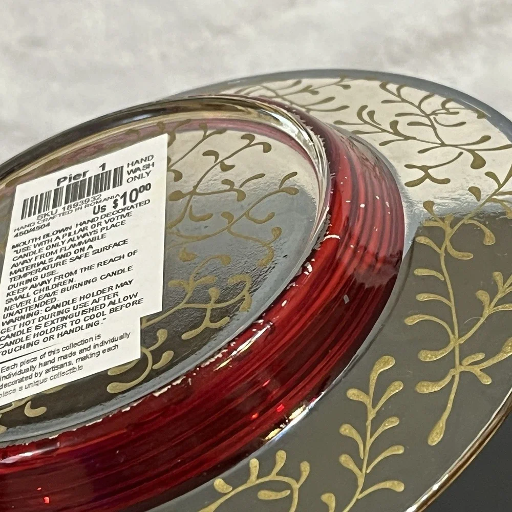 Vtg Pier 1 Rioja Red & Gold Scroll Plate Candle Dish 6